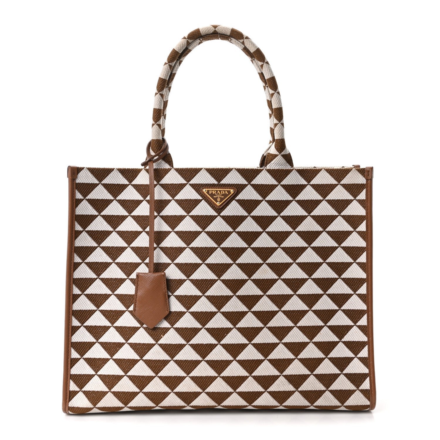Prada Jacquard Saffiano Triangolo Symbole Embroidered Large Tote Tobacco Talco