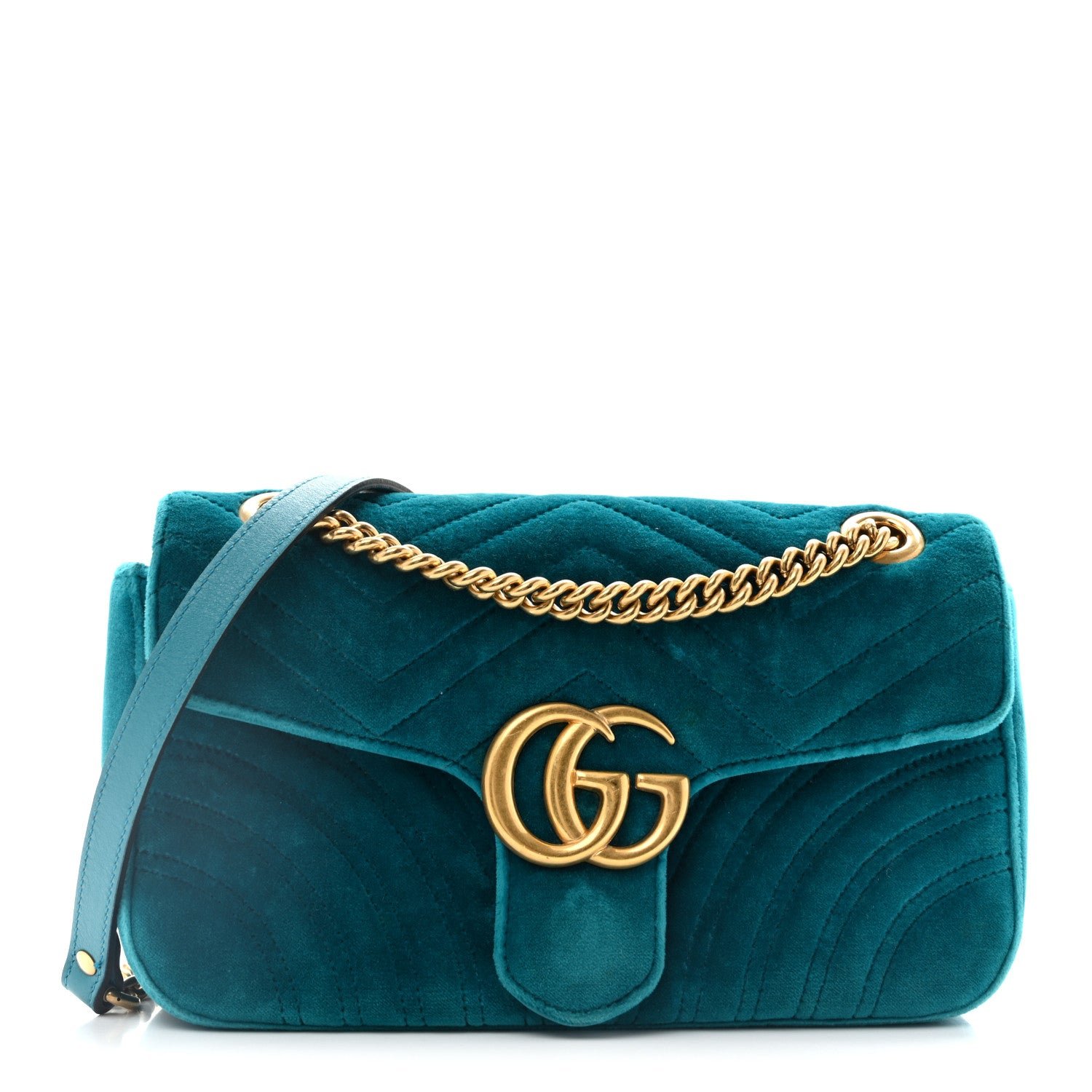 Gucci Velvet Matelasse Small GG Marmont Shoulder Bag Pavone Cyan
