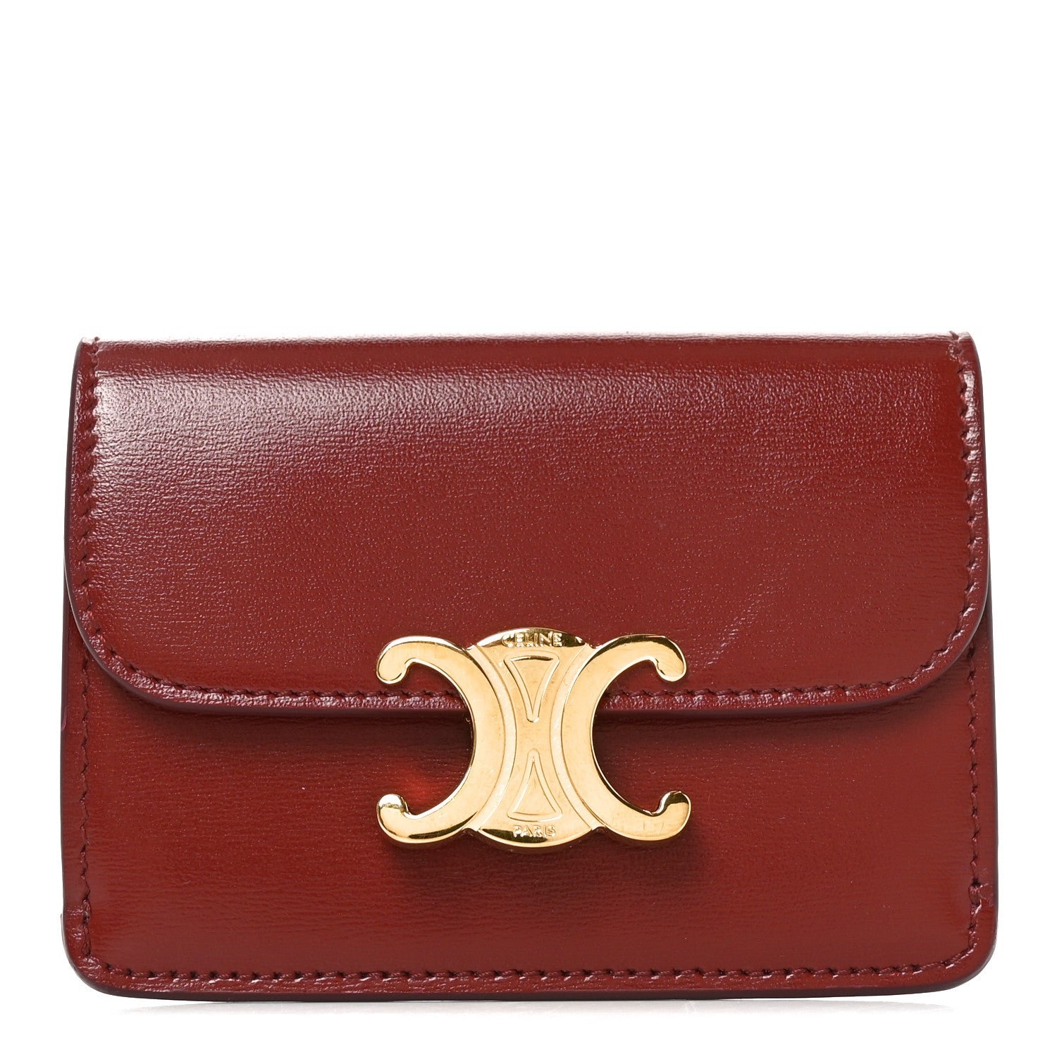 Celine Shiny Calfskin Triomphe Flap Card Holder Dark Ruby