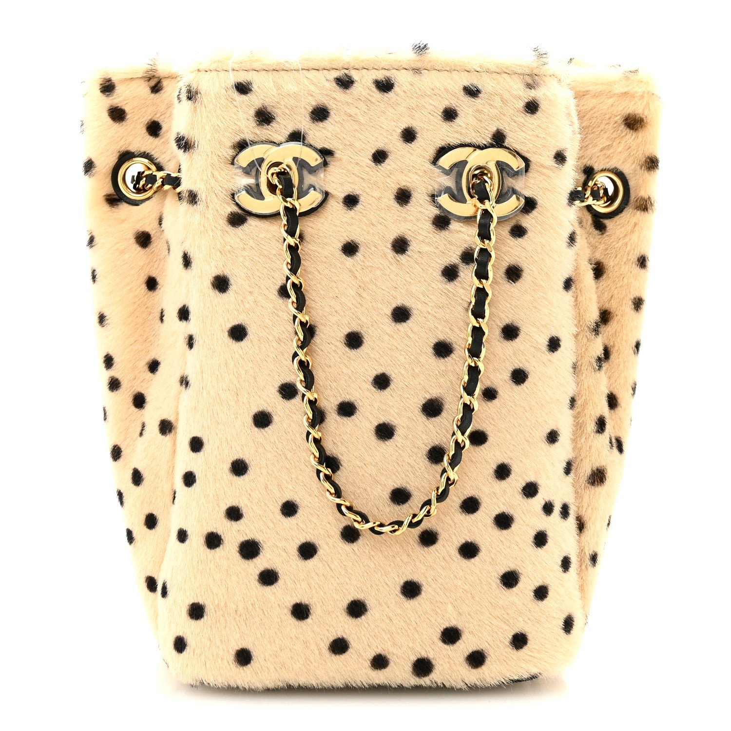 Chanel Pony Hair Cheetah Printed CC Chain Bucket Bag Light Beige Black