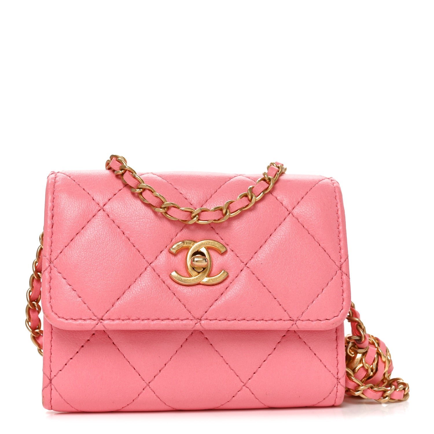 Chanel Lambskin Quilted Pearl Crush Card Holder With Chain Pink
