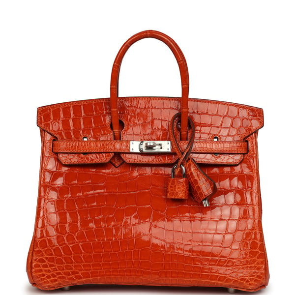 Vintage Hermes Birkin 25 Orange Shiny Niloticus Crocodile Palladium Hardware
