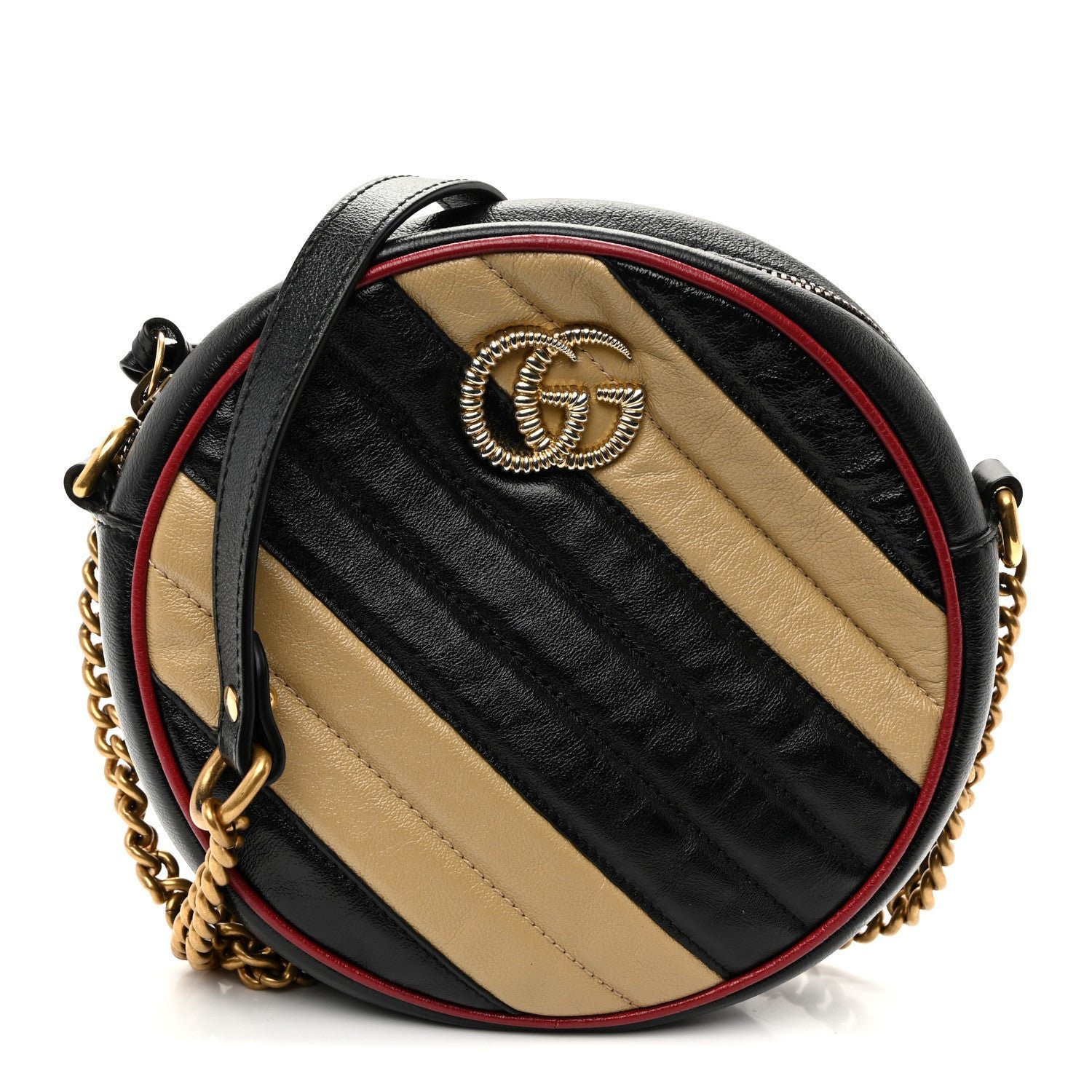 Gucci Azalea Calfskin Matelasse Diagonal Patchwork Mini Torchon GG Marmont Round Shoulder Bag Black Beige Romantic Cerise