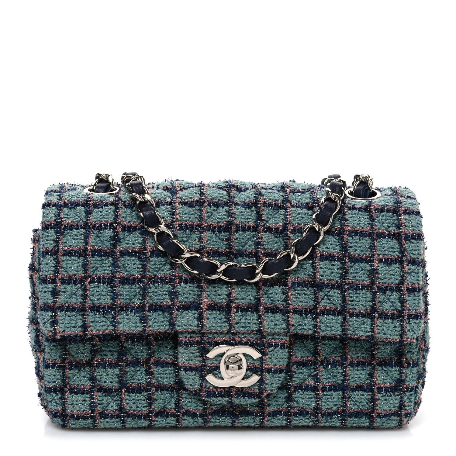 Chanel Tweed Quilted Mini Rectangular Flap Green Navy Dark Beige