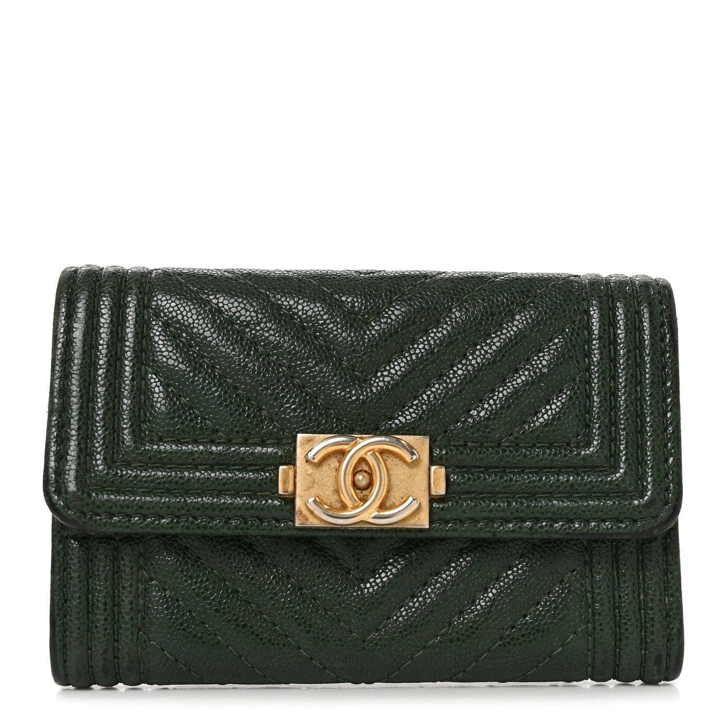 Chanel Caviar Chevron Quilted Boy Flap Card Holder Green