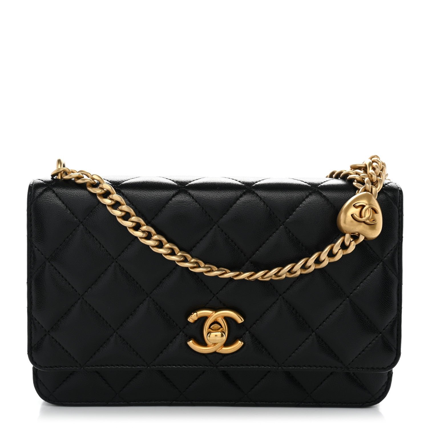 Chanel Lambskin Quilted Sweetheart Wallet On Chain WOC Black