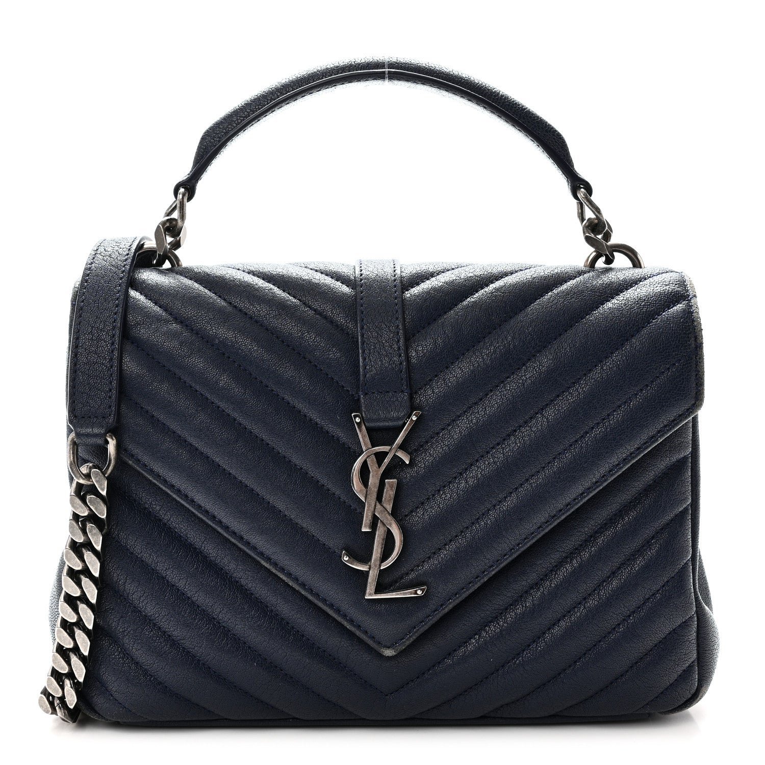 Saint Laurent Sheepskin Matelasse Chevron Monogram Medium College Satchel Navy