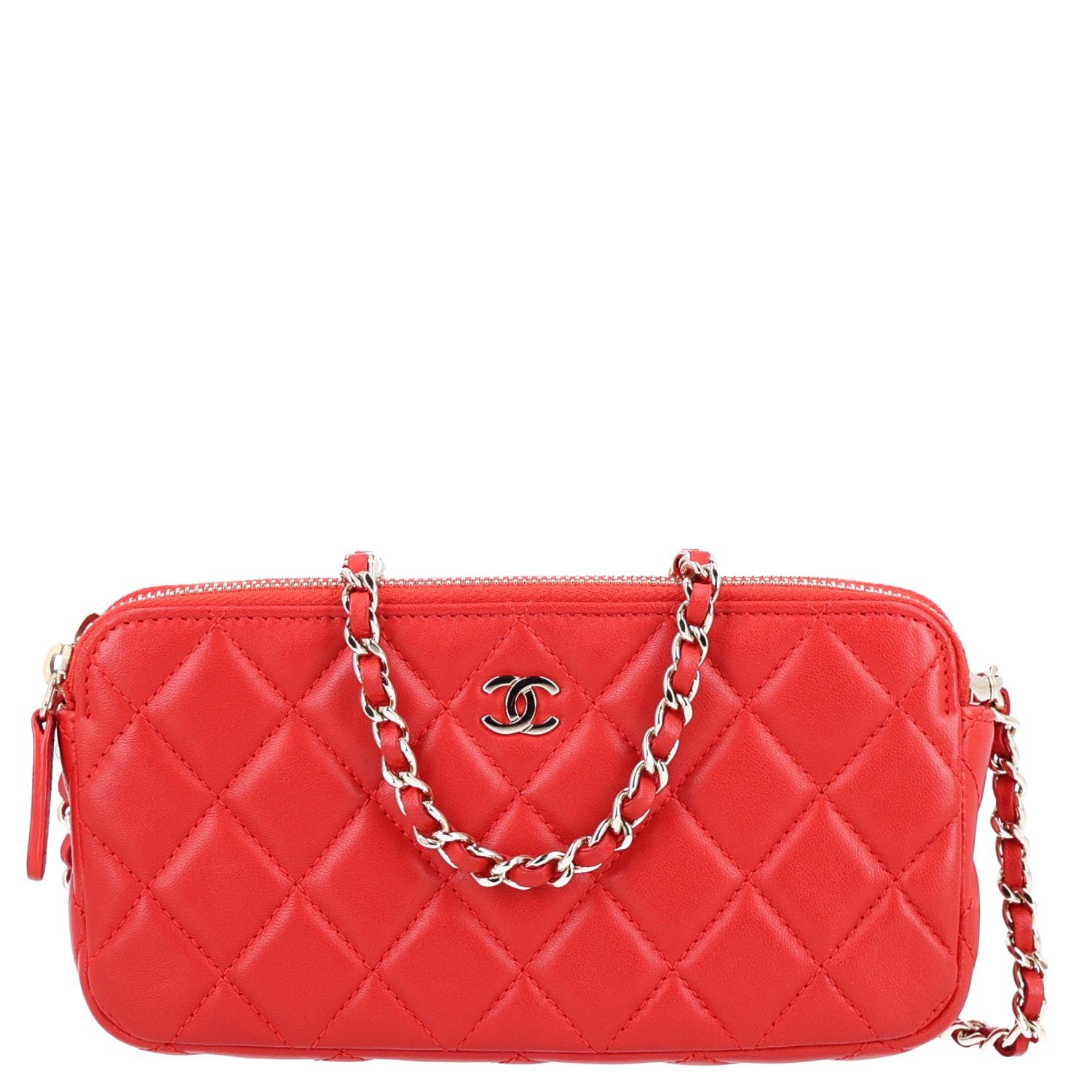 Chanel Lambskin Quilted Small Clutch With Chain Red