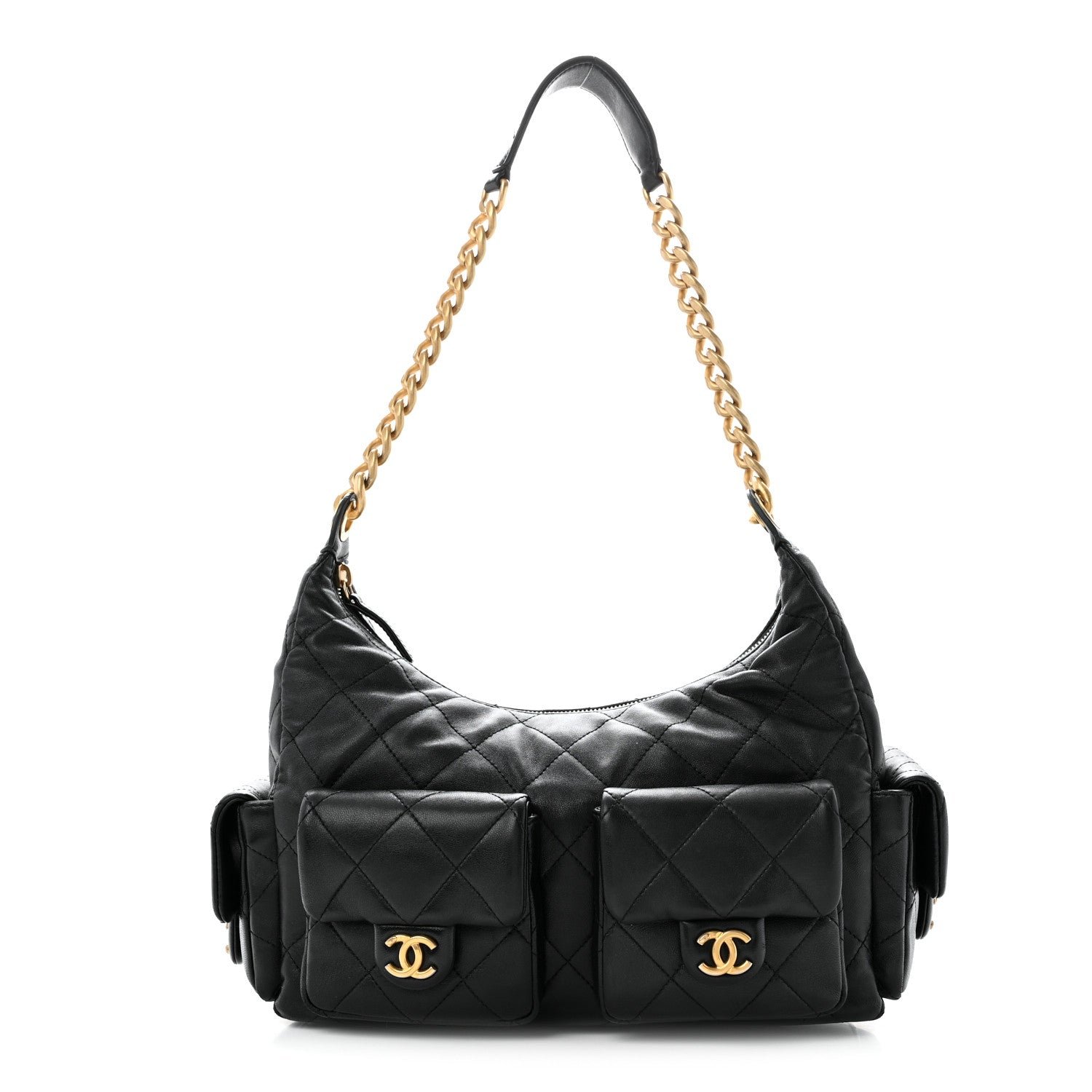 Chanel Shiny Lambskin Quilted Large Trendy Pockets Hobo Black