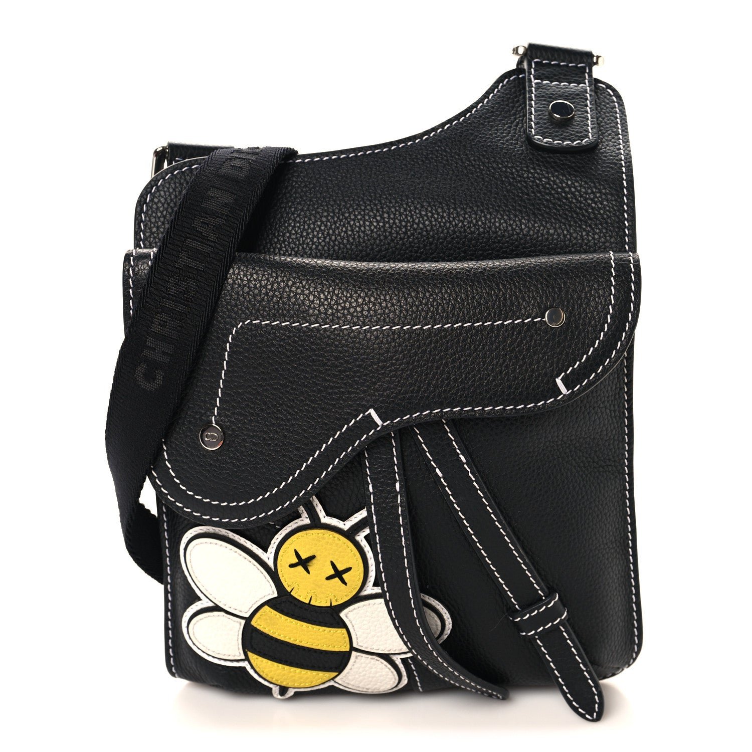 Christian Dior X KAWS Grained Calfskin Bee Saddle Pouch Black