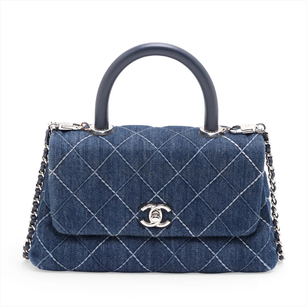 Chanel Coco handle 24 XS Denim & leather 2 Way Handbag blue x navy Silver Metal