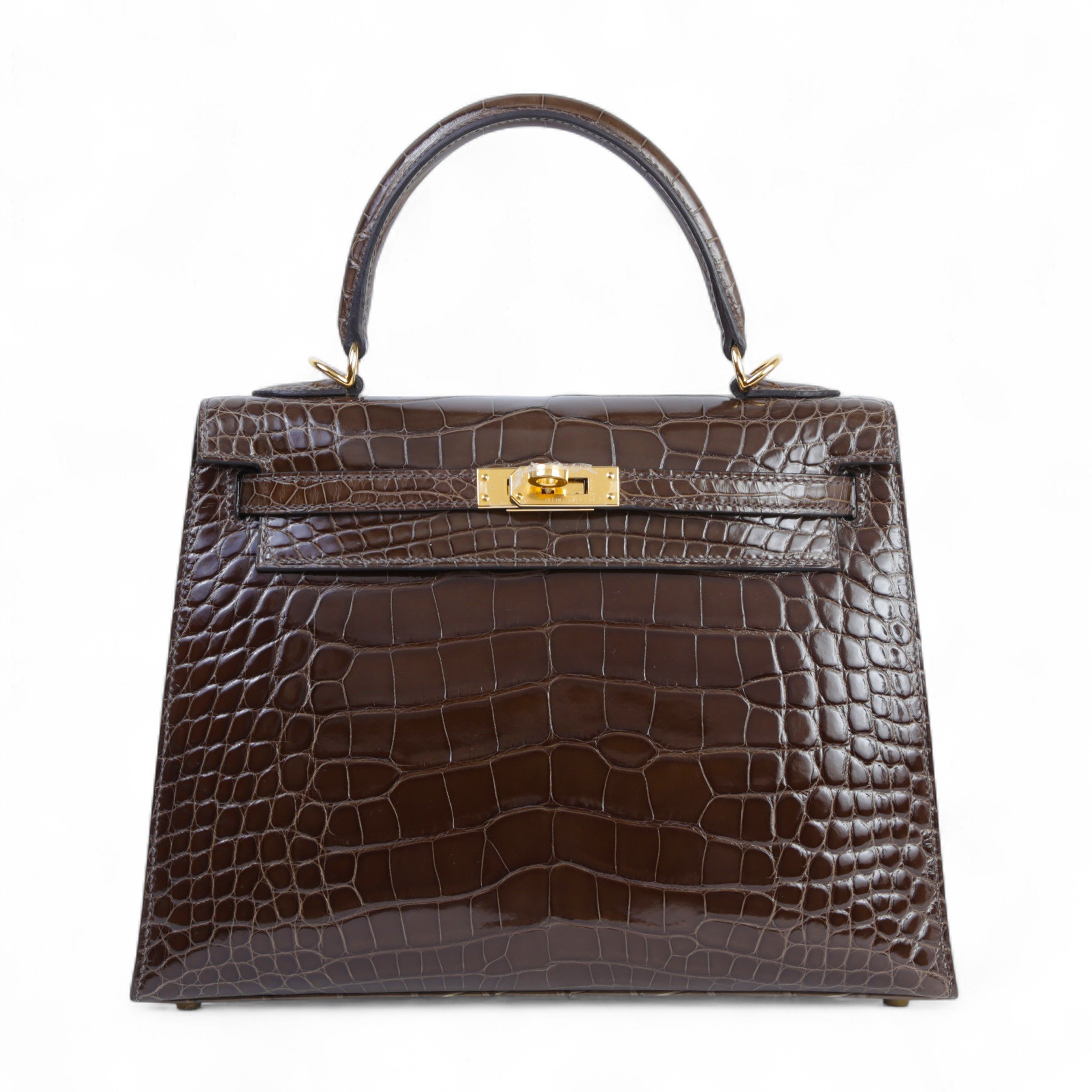 Hermes Unused ( Rank NS ) HERMÈS Kelly 25 Sellier Gris Elephant (8C) Terre (4D) Shiny Alligator Gold hardware W (2024)