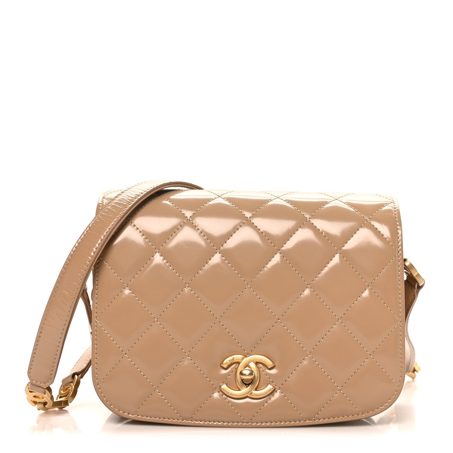 Shiny Calfskin Quilted Suede Goatskin Messenger Beige