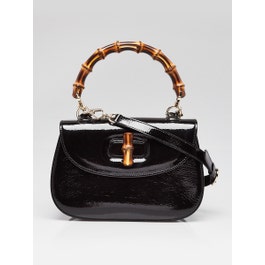 Gucci Black Crinkled Patent Leather 1947 Bamboo Medium Top Handle Bag