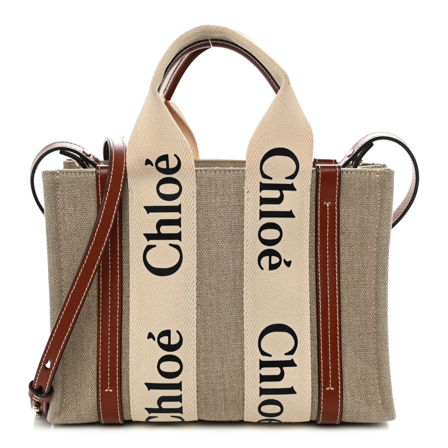 Chloe Cotton Calfskin Small Woody Ribbon Tote With Strap White Brown