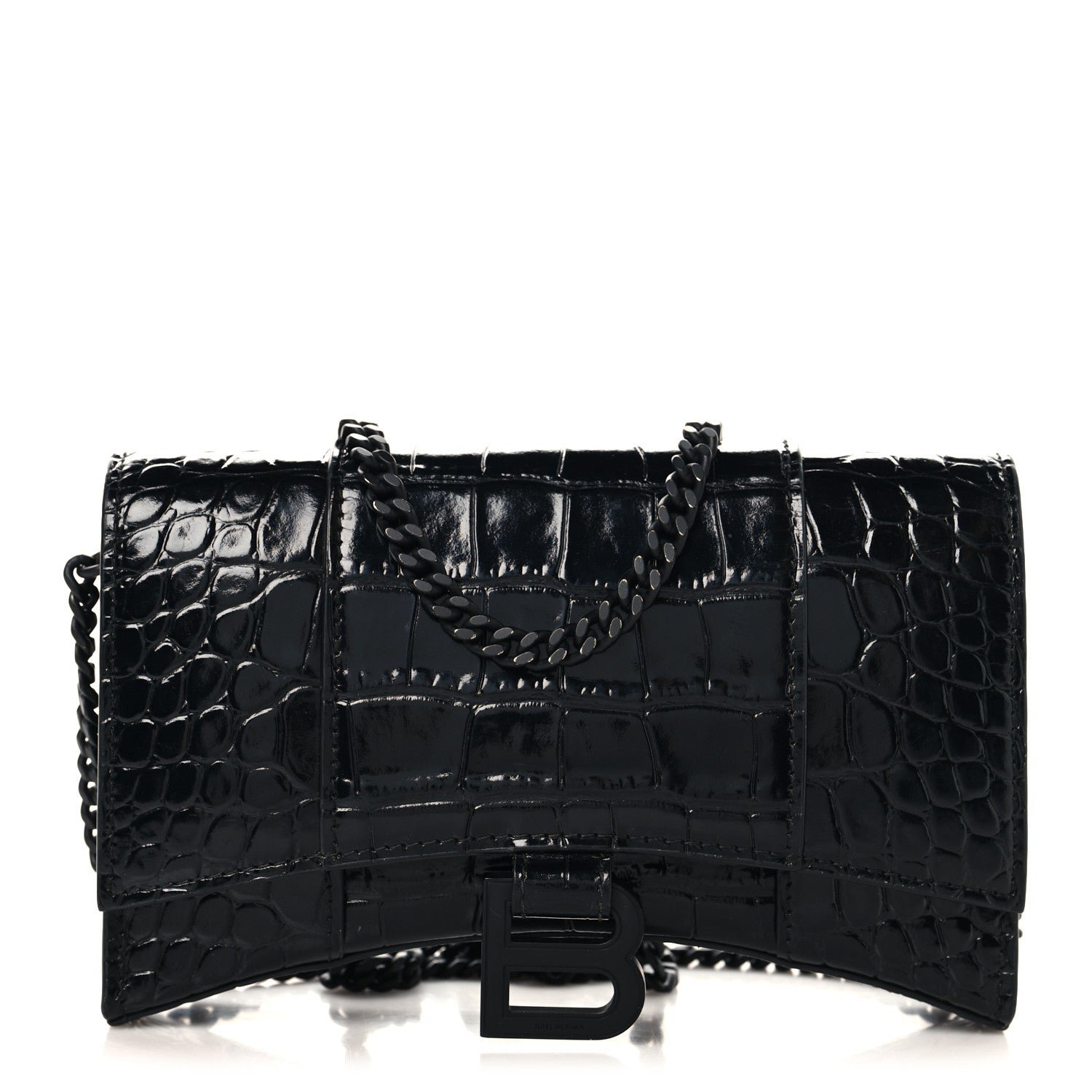Balenciaga Shiny Calfskin Monochrome Crocodile Embossed Hourglass Chain Bag Black