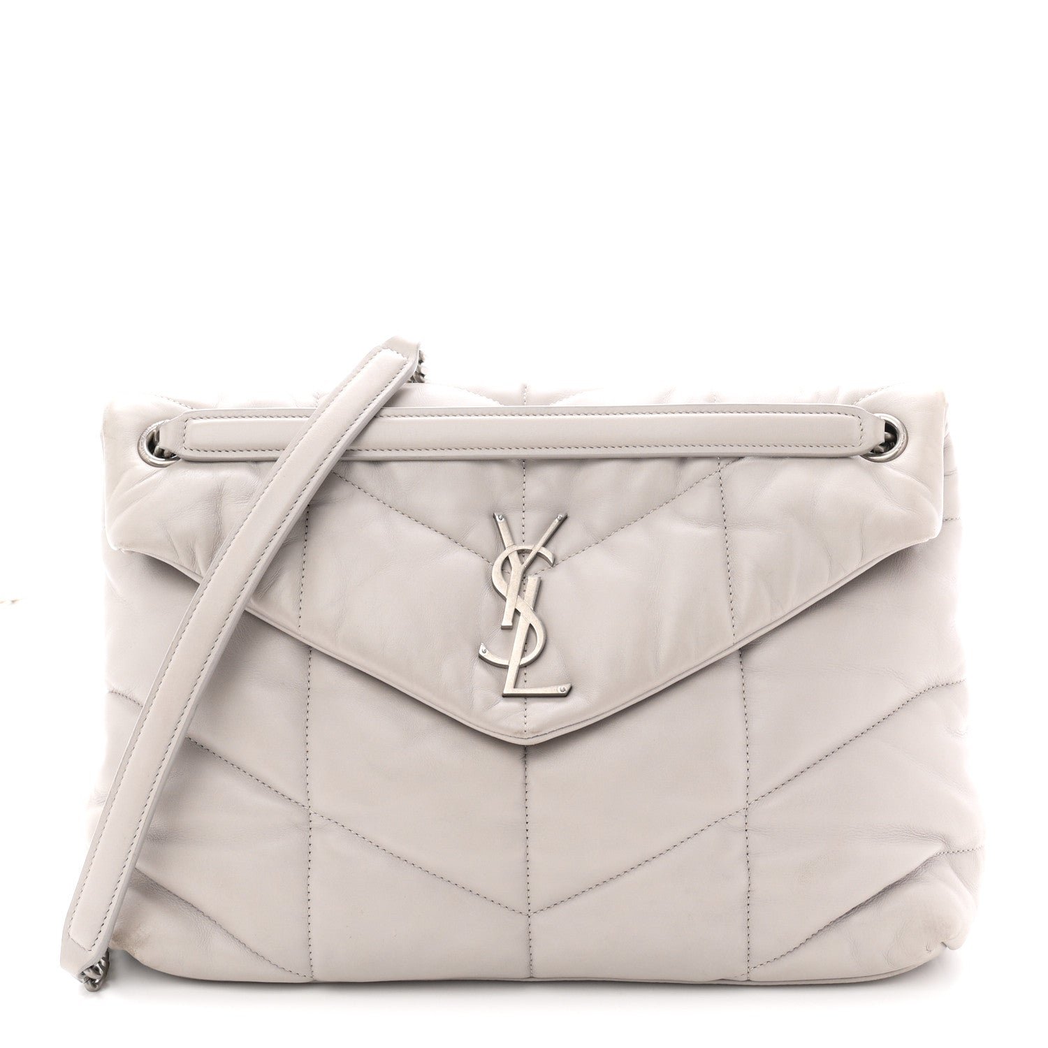 Saint Laurent Lambskin Quilted Medium Loulou Puffer Monogram Chain Satchel Granite