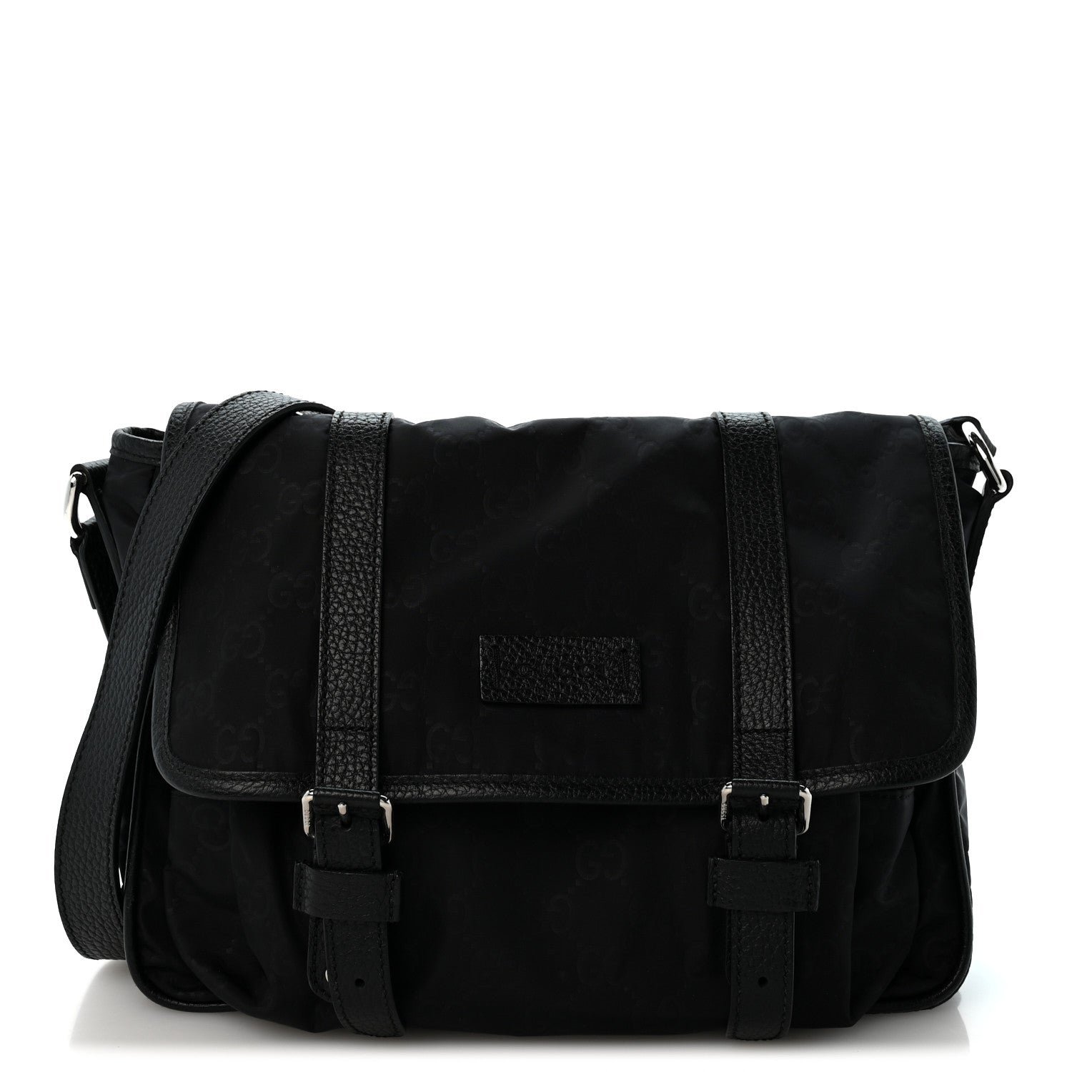 Gucci Nylon Monogram Double Buckle Flap Messenger Bag Black