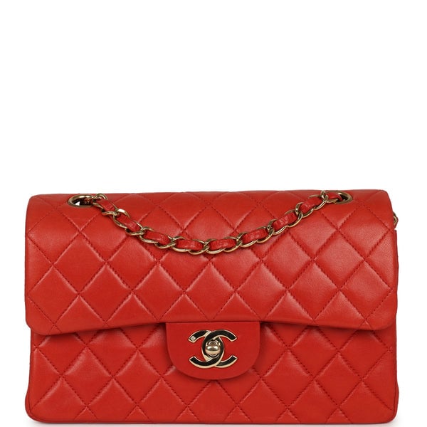Vintage Chanel Small Classic Double Flap Bag Red Lambskin Gold Hardware