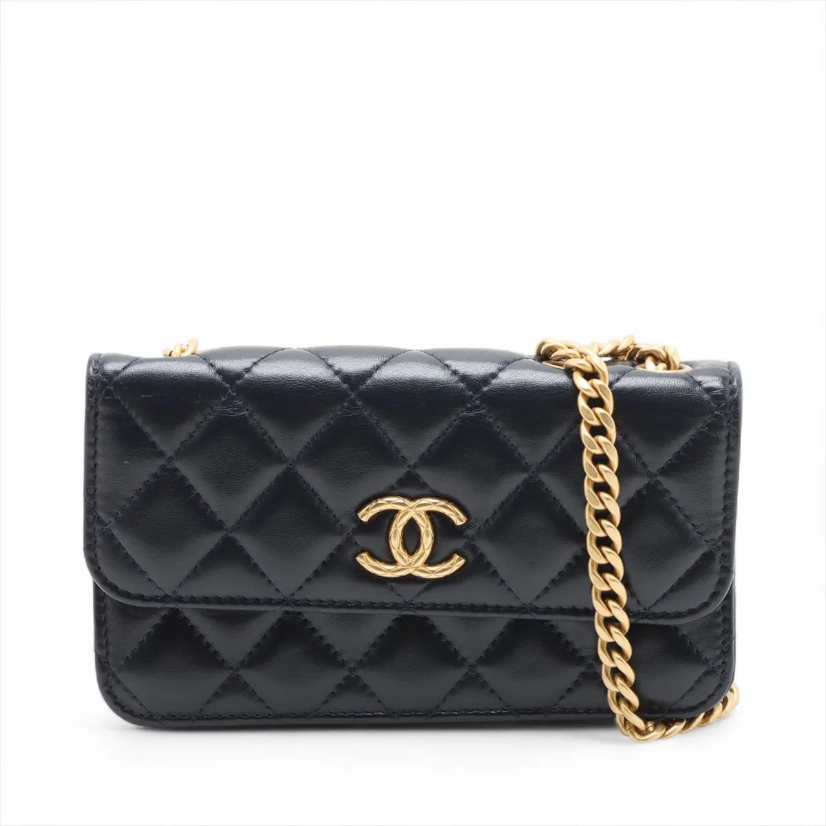 Chanel Matelasse Lambskin Chain Wallet Navy Blue Gold Metal Fittings random seri