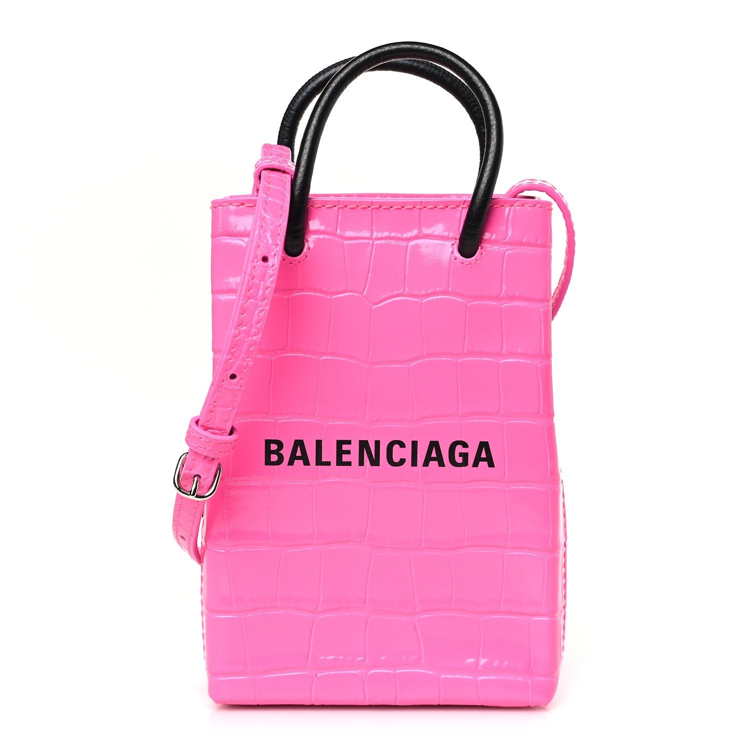 Balenciaga Shiny Calfskin Crocodile Embossed Logo Shopping Phone Holder Bag Pink Black