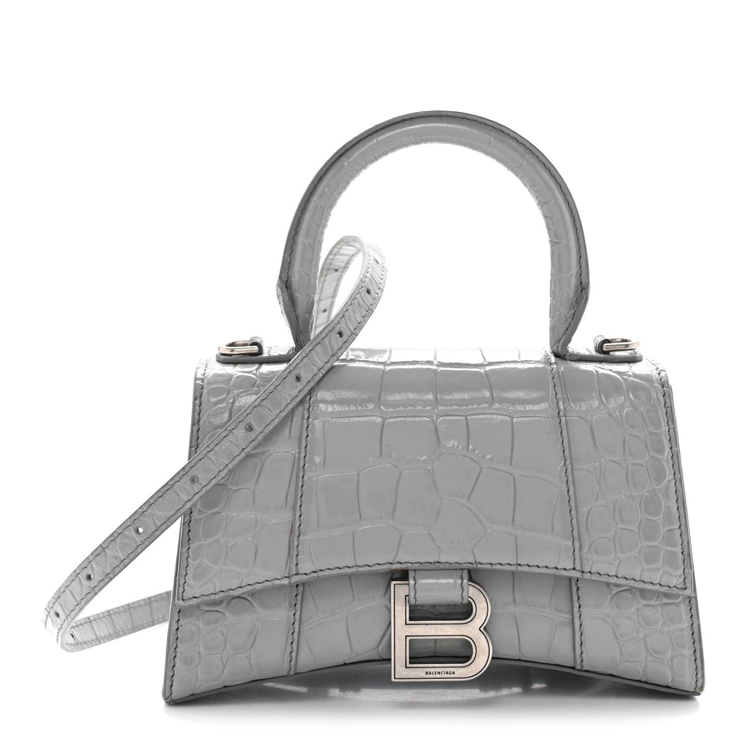 Balenciaga Balenciaga Shiny Calfskin Crocodile Embossed Hourglass Top Handle Bag XS Balenciaga Grey