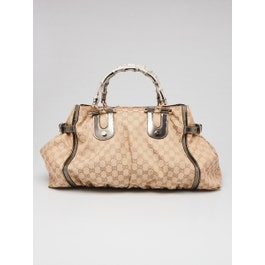 Gucci Gucci Beige/Silver GG Canvas and Leather Bamboo Pop Large Satchel Tote Bag