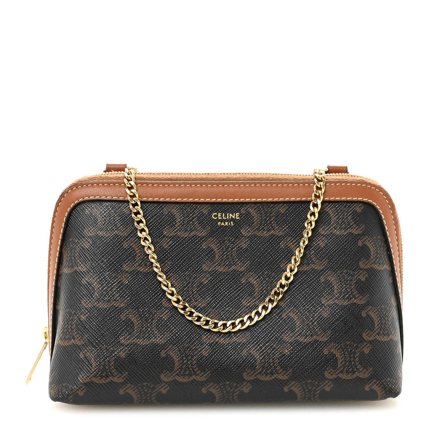 Celine Triomphe Canvas Lambskin Clutch On Chain Tan