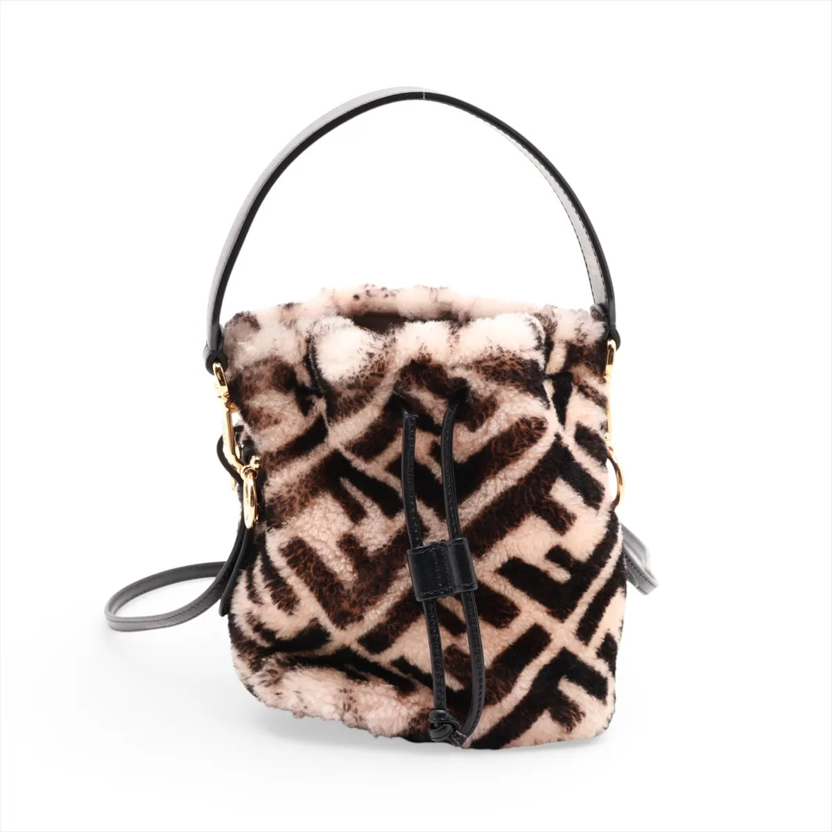Fendi ZUCCa Mon Tresor Mini 8BS010 Fur × Leather 2 Way Shoulder Bag Beige x blac