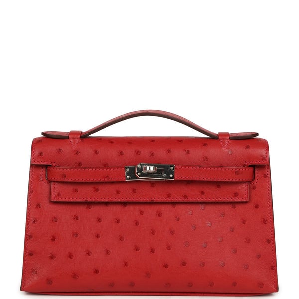 Hermes Hermes Kelly Pochette Rouge Vif Ostrich Palladium Hardware