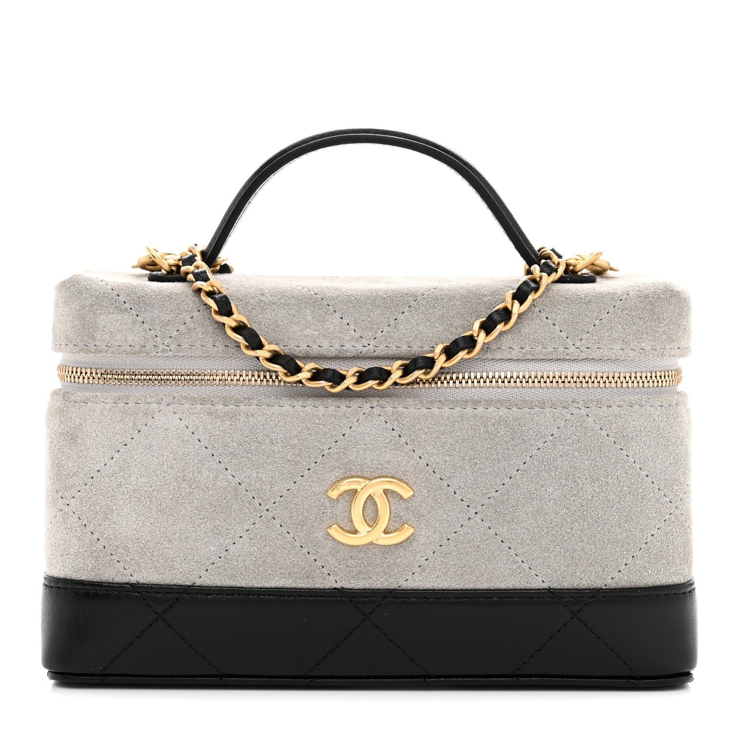 Chanel Suede Calfskin Shiny Lambskin Quilted Top Handle Slim Vanity Case With Chain Grey Black