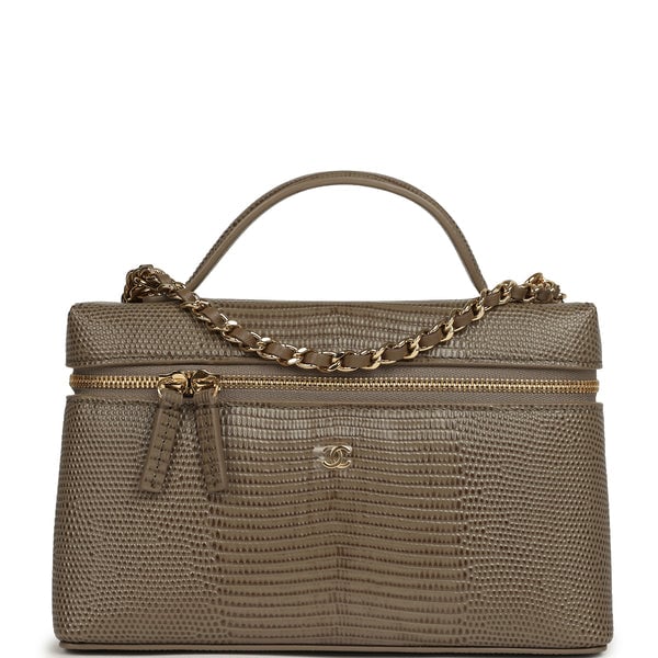 Chanel Top Handle Long Vanity Case with Chain Dark Khaki Lizard Embossed Calfskin Gold Hardware