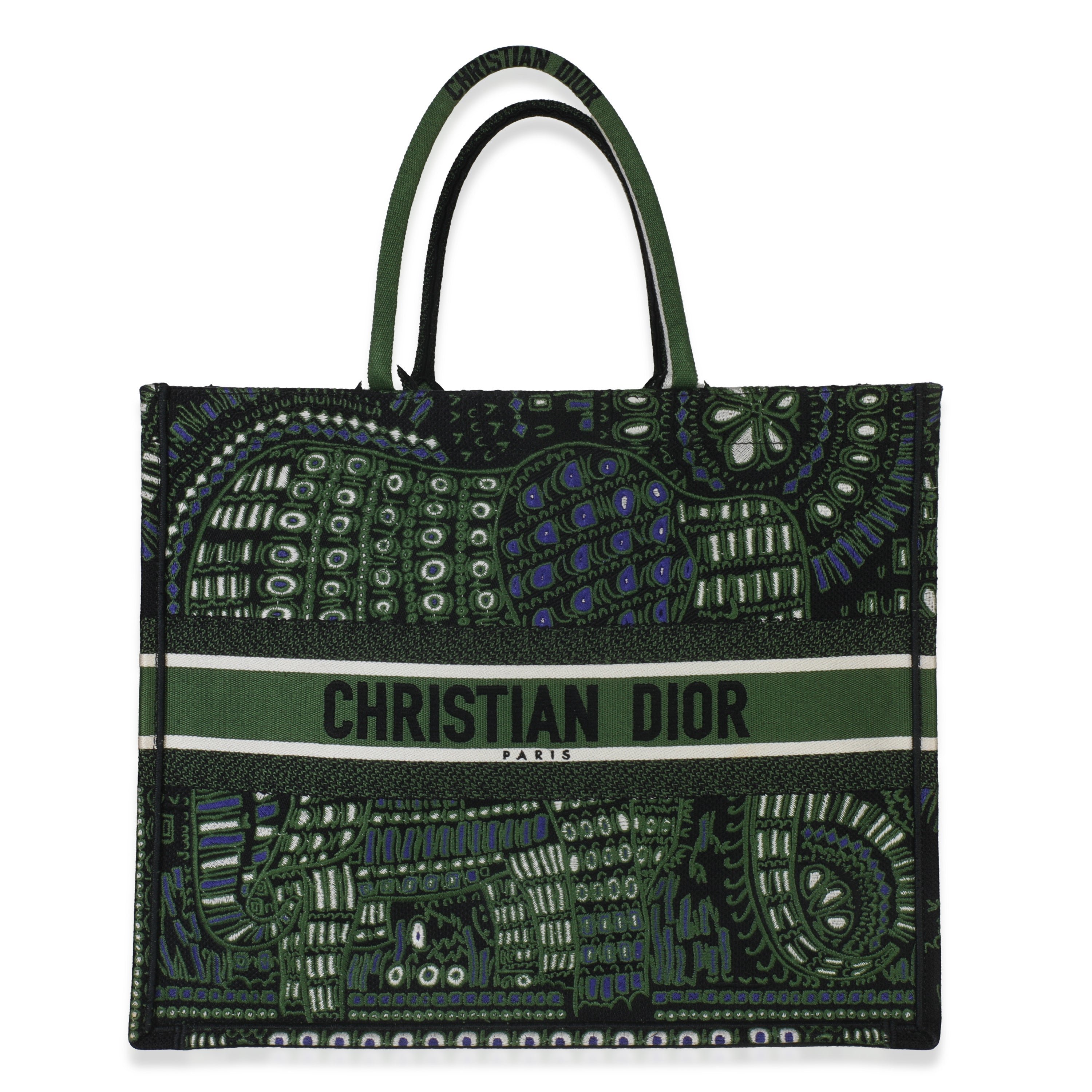 Dior Green Canvas Embroidered Animals Elephant Large Book Tote