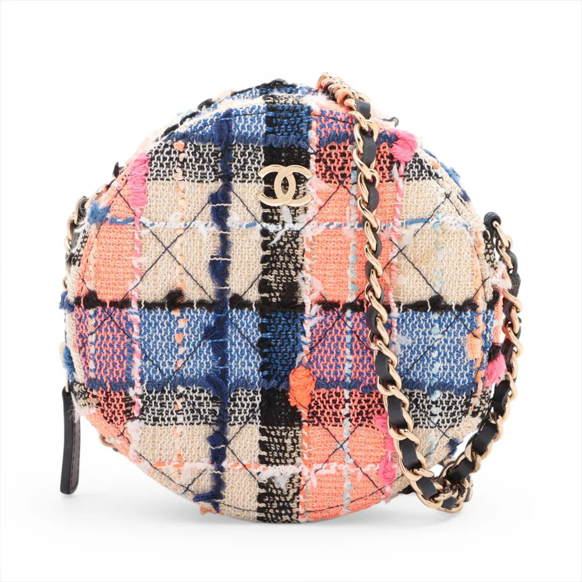Chanel Matelasse Tweed Chain Shoulder Bag Round Multicolor Gold Metal Fittings 2