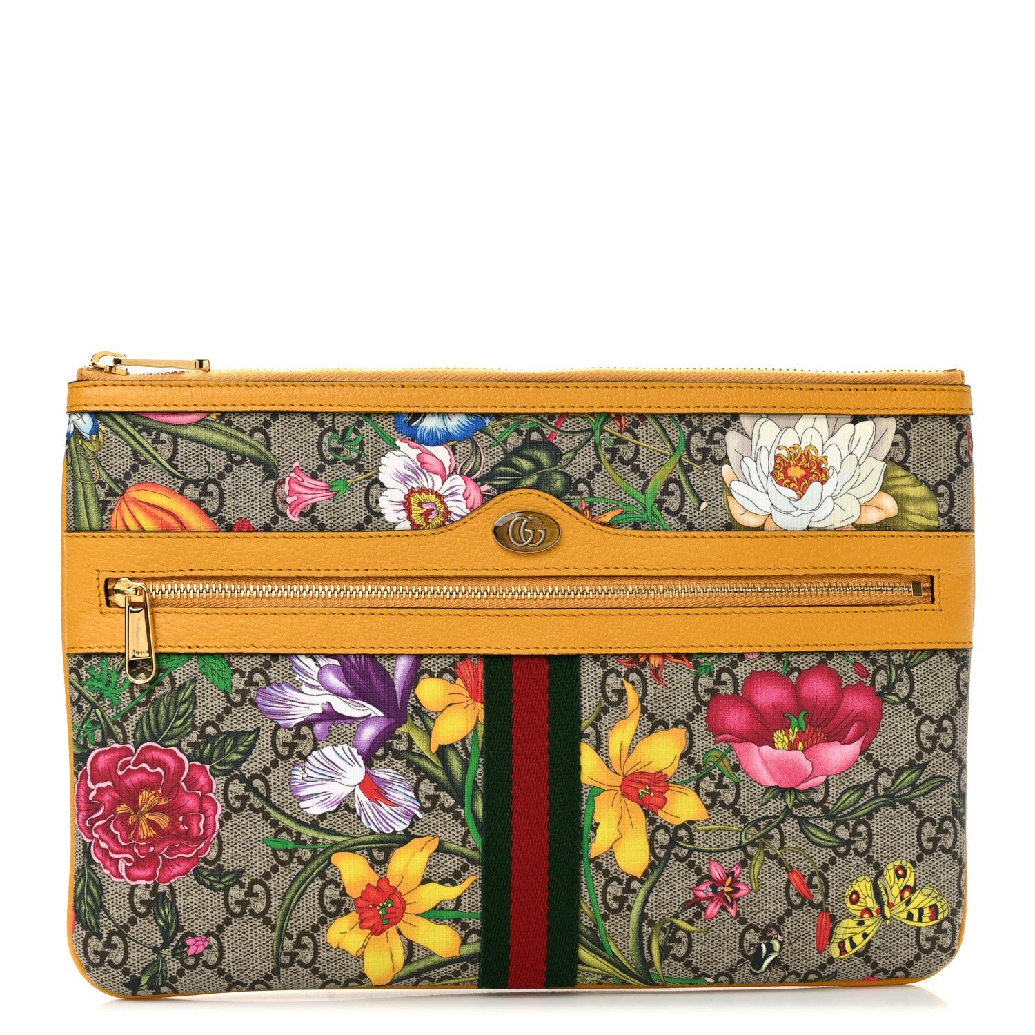 Gucci GG Supreme Monogram Flora Large Ophidia Pouch Clutch Beige Multicolor Crop