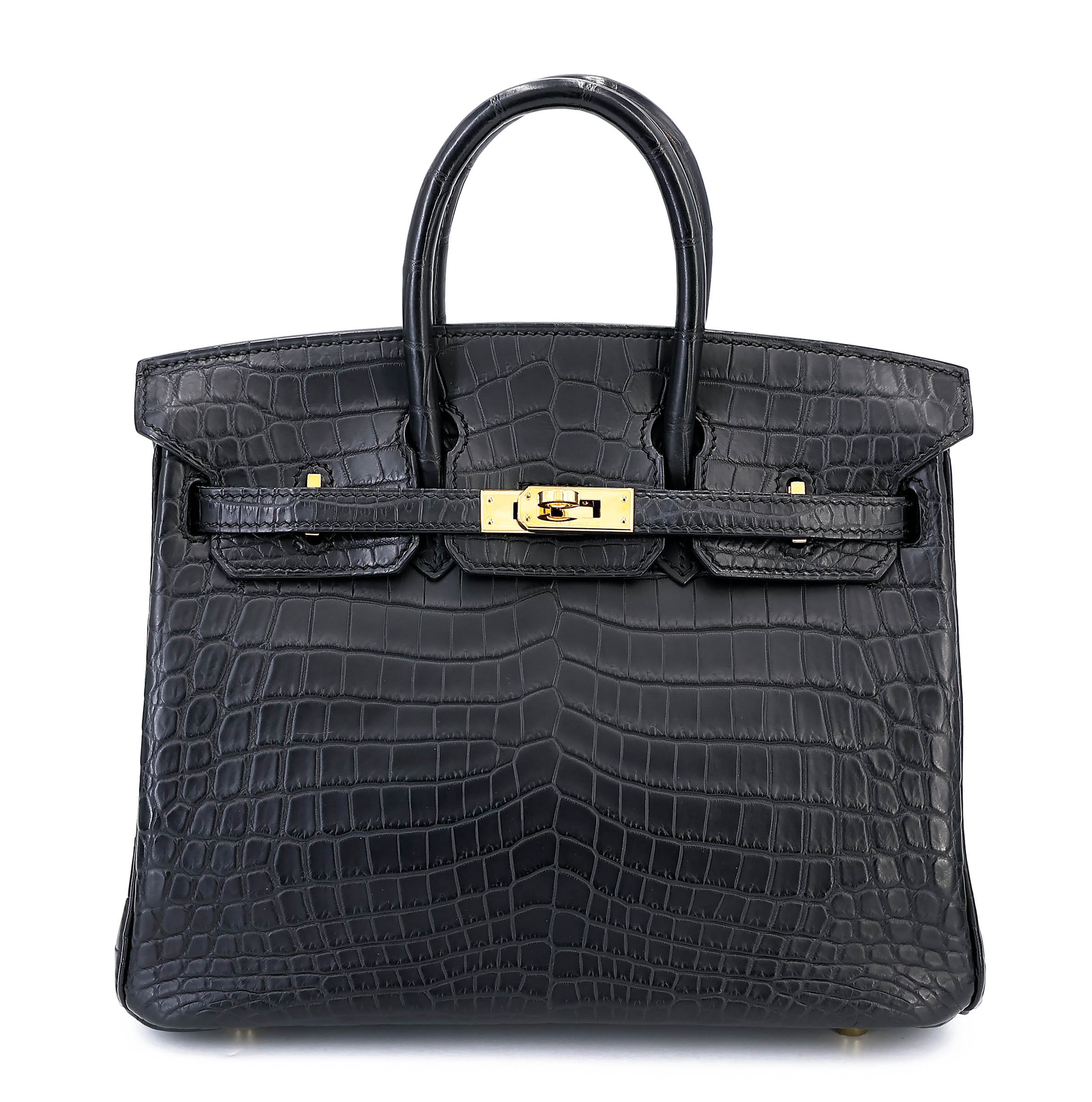 Excellent ( Rank SA ) HERMÈS Birkin 25 Noir (89) Matte Niloticus Crocodile Gold hardware R (2014)