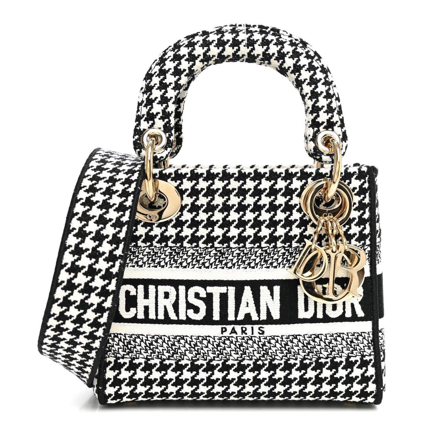Christian Dior Canvas Houndstooth Embroidered Mini Lady D-Lite Black White