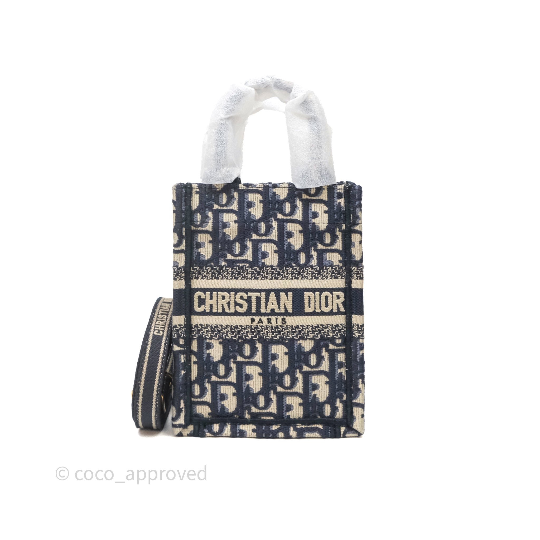 Christian Dior Mini Vertical Navy Oblique Embroidery Canvas Book Tote
