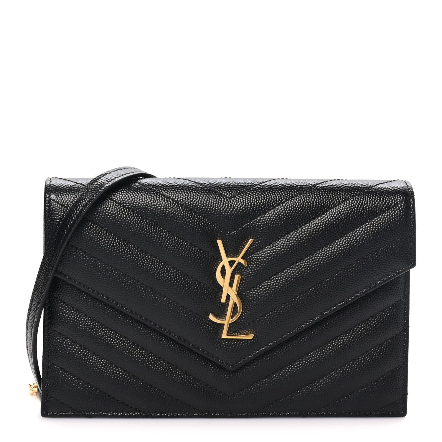 Saint Laurent Grain De Poudre Matelasse Chevron Monogram Envelope Chain Wallet Black
