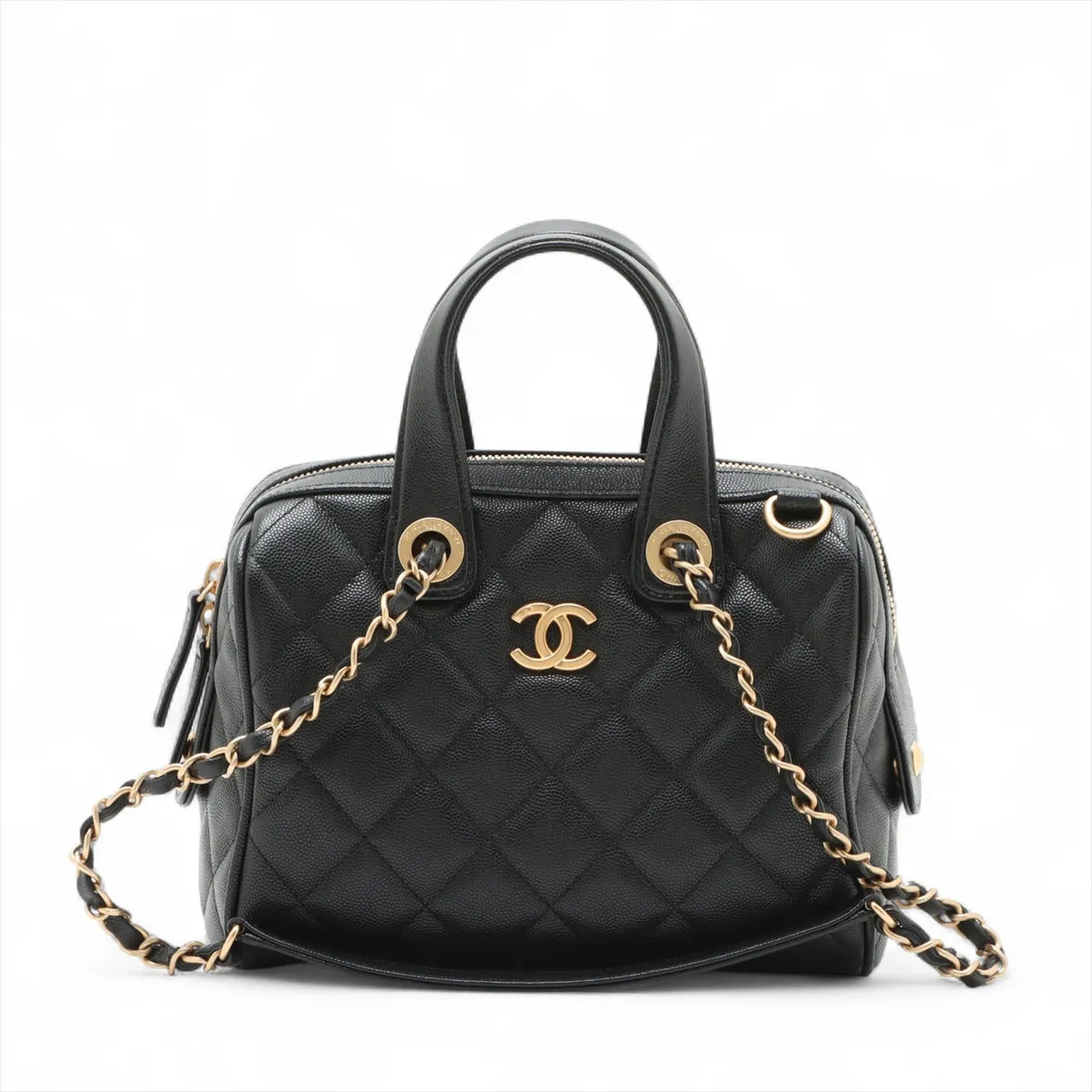 Chanel Matelasse Caviar Skin 2 Way Handbag Black Gold Metal Fittings random plat