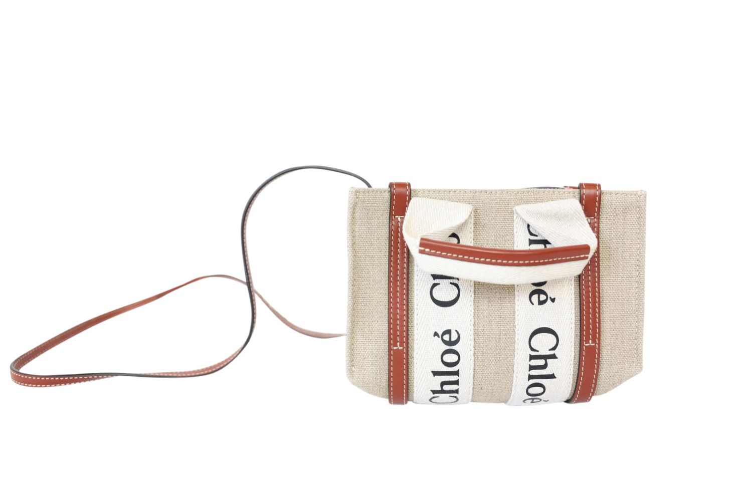 Chloe Chloe Woody Tote Mini, Brown Leather Trimmed Linen, Preowned In Dustbag WA001