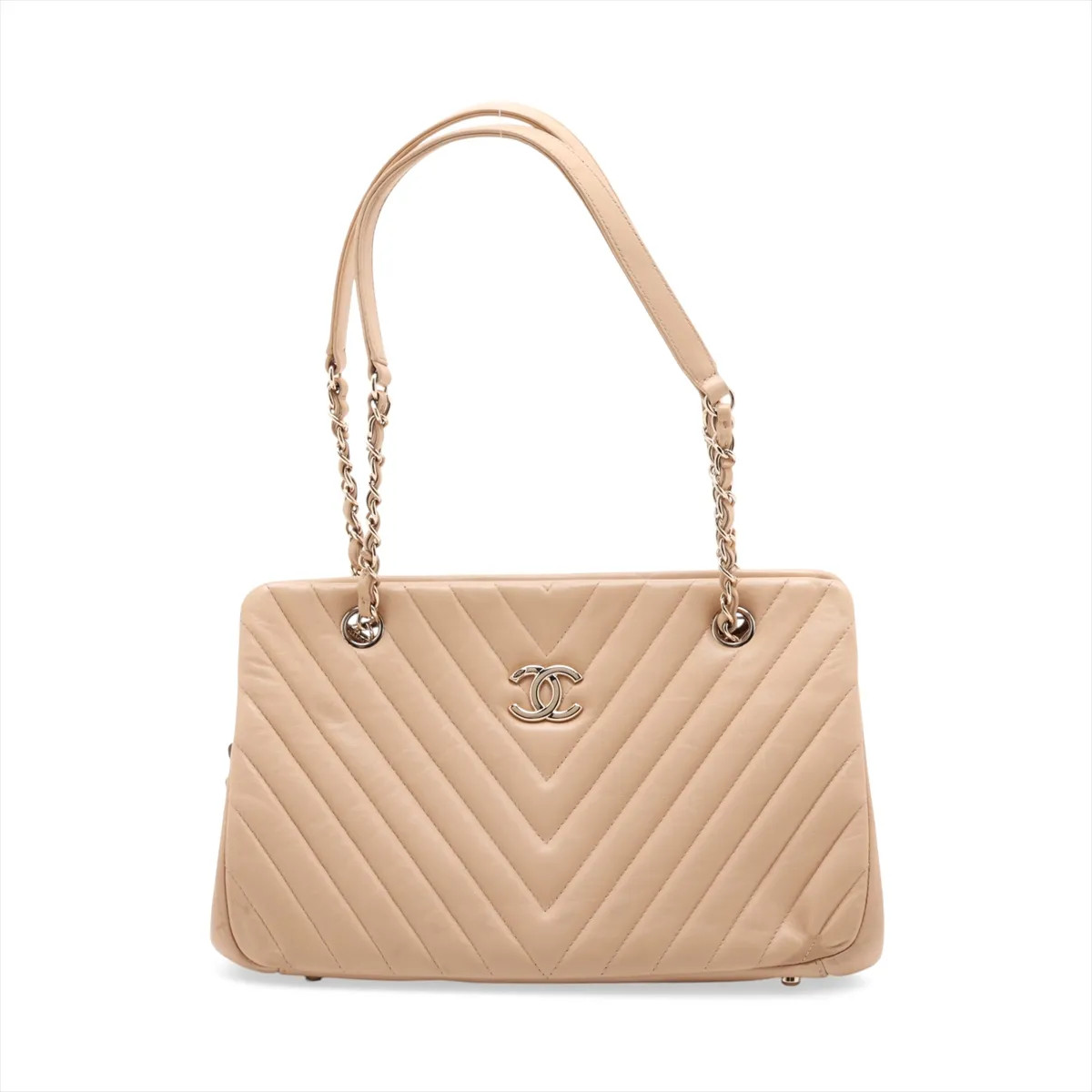 Chanel Chevron Lambskin Chain Shoulder Bag Beige Silver Metal Fittings 20XXXXXX