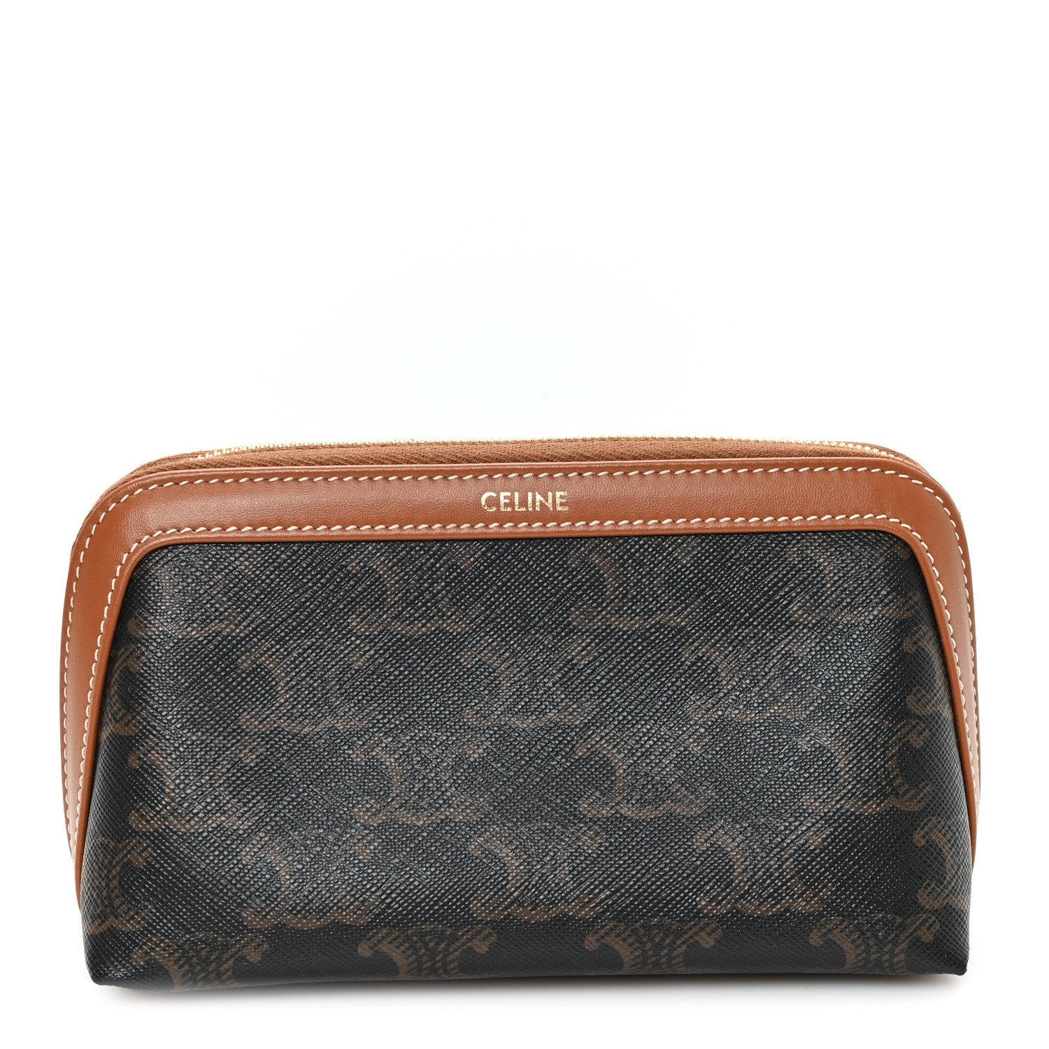 Celine Celine Triomphe Canvas Calfskin Small Cosmetic Pouch Tan