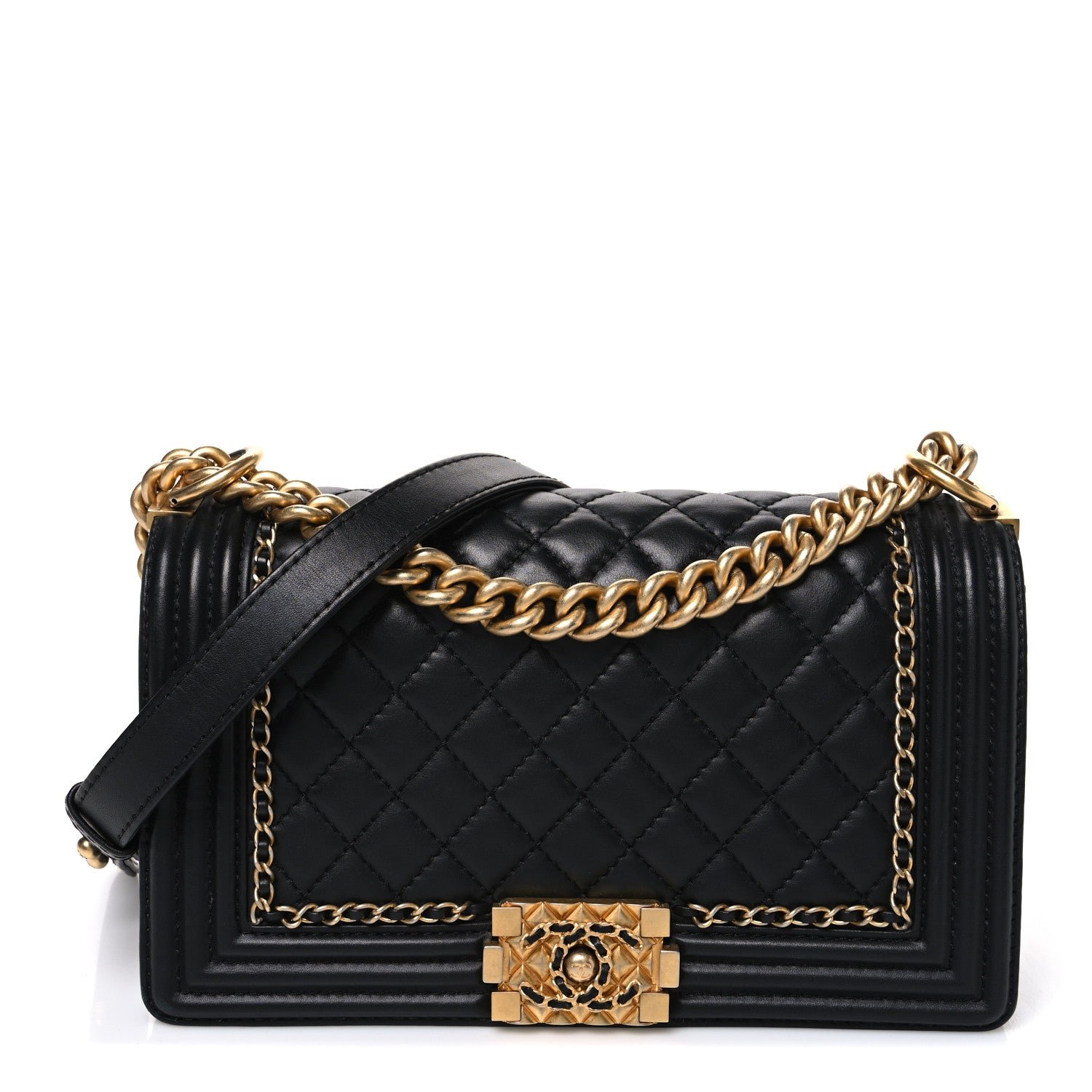 Chanel Lambskin Quilted Medium Chain Around Boy Flap Black