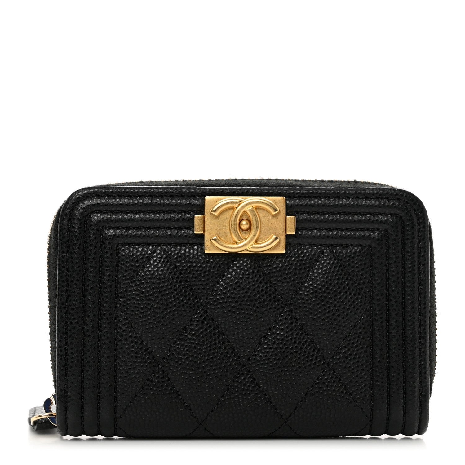 Chanel Caviar Quilted Boy Zip Around Coin Purse Wallet Black