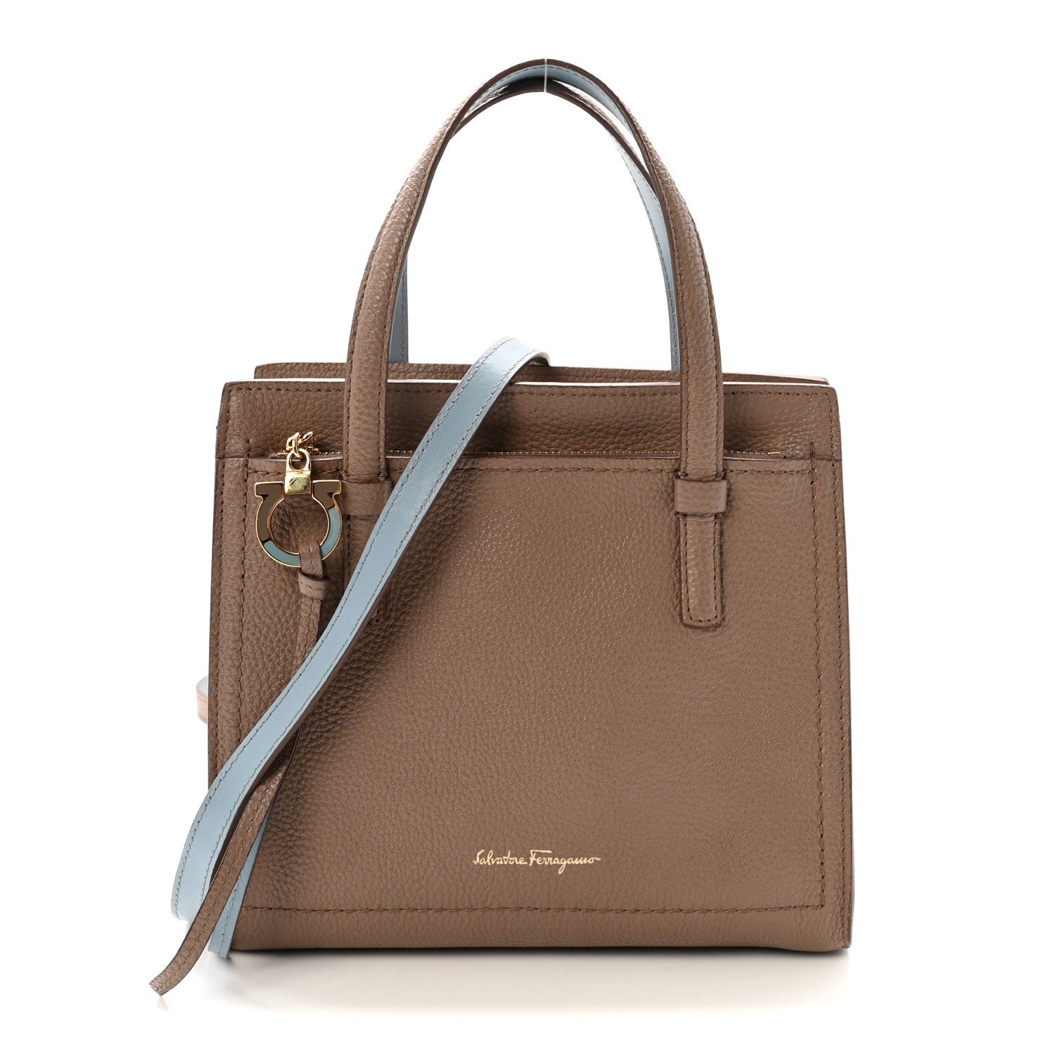 Salvatore Ferragamo Hammered Calfskin Double Handle Small Amy Tote Fango Blue Haze