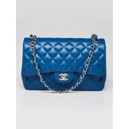 Chanel Blue Quilted Lambskin Leather Classic Jumbo Double Flap Bag