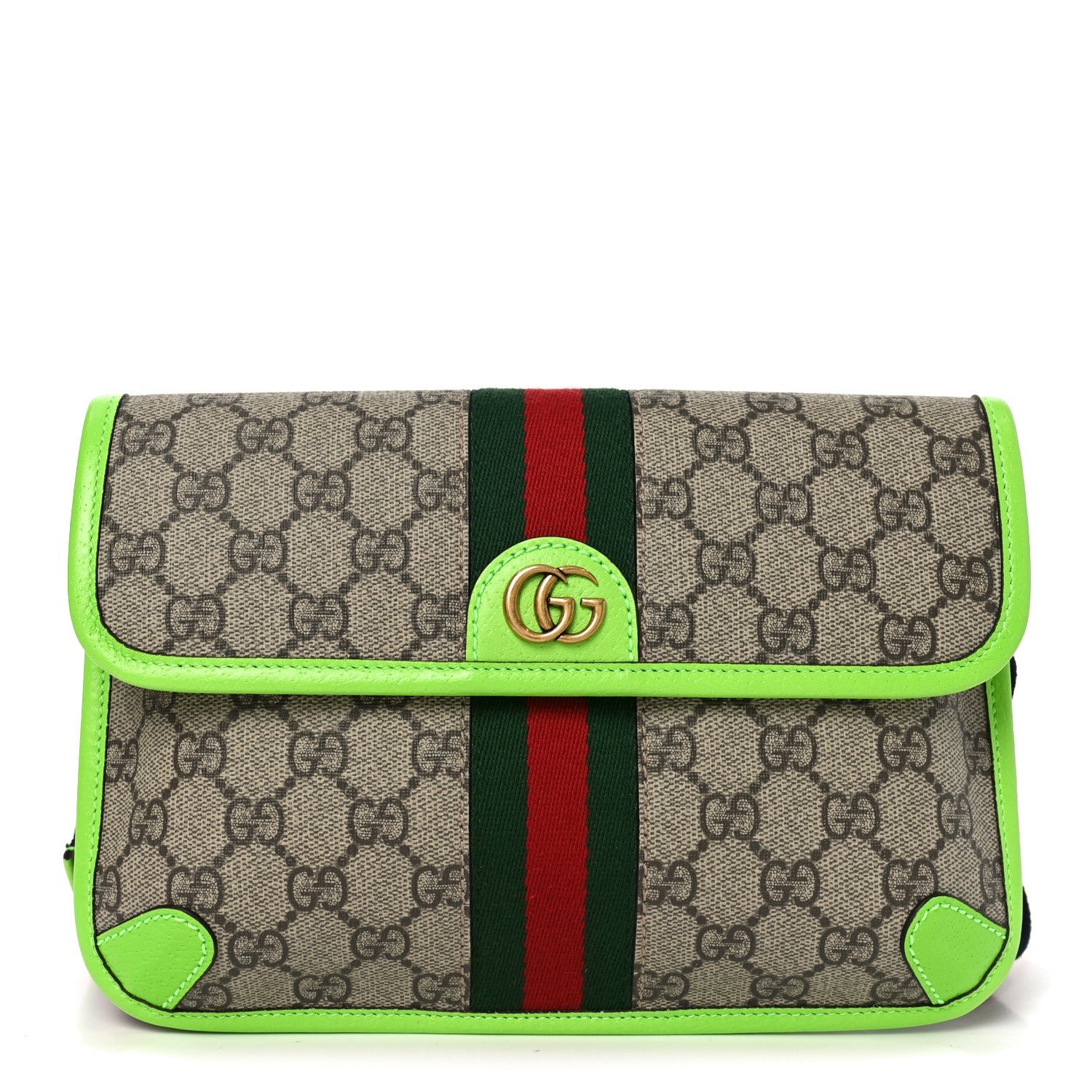Gucci GG Supreme Monogram Web Small Ophidia Belt Bag Beige Ebony Electric Green