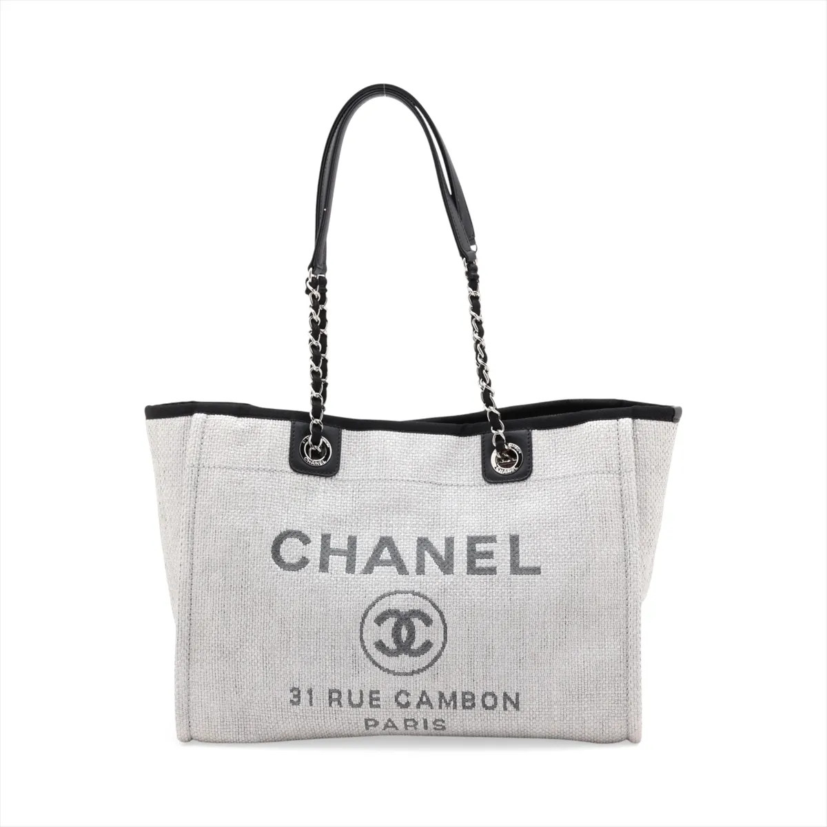 Chanel Deauville MM Straw & leather Chain Tote Bag Gray Silver Metal Fittings 22