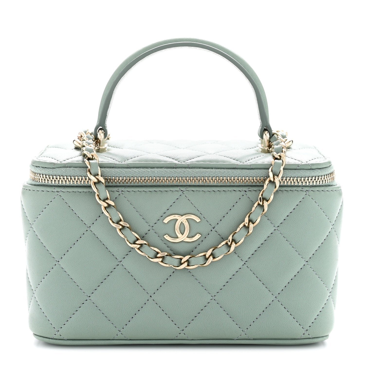 Chanel Lambskin Quilted Small Top Handle Vanity Case With Chain Light Green